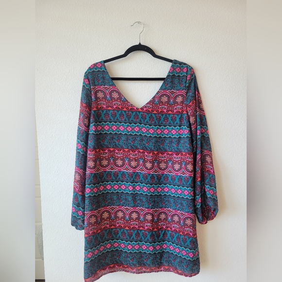 Charming Charlie Dresses & Skirts - Charming Charlie Vibrant Patterned Long Sleeve Dress Cold Shoulder